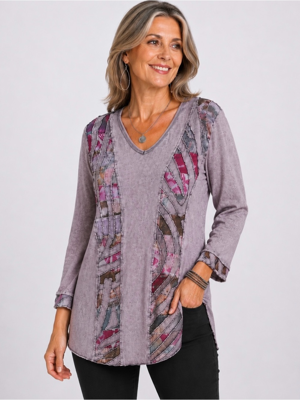 Boho Patchwork Tunic Top Lavender Pink Black Raw Edge Artsy L/XL